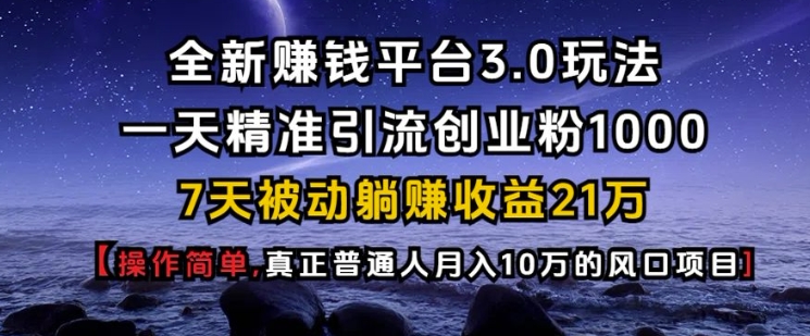 全新赚钱平台3.0玩法一天精准引流创业粉1000.7天被动躺Z收益21W【仅揭秘】-网创星球
