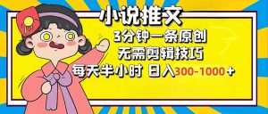 小说推文6.0，简单无脑，3分钟一个原创作品，每天半小时，日入300-1000...-网创星球