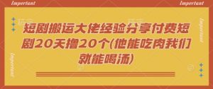 短剧搬运大佬经验分享付费短剧20天撸20个(他能吃肉我们就能喝汤)-网创星球