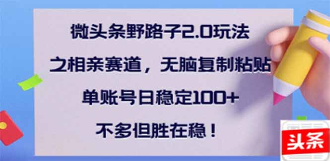 微头条野路子2.0玩法之相亲赛道，无脑搬砖复制粘贴，单账号日稳定300+…-网创星球