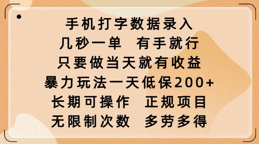 手机打字数据录入，几秒一单，有手就行，只要做当天就有收益，暴力玩法一天低保2张-网创星球