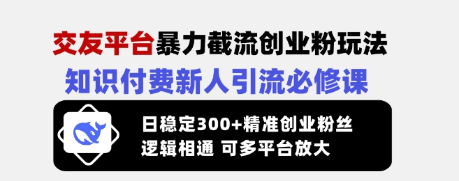 交友平台暴力截流创业粉玩法，知识付费新人引流必修课，日稳定300+精准创业粉丝，逻辑相通可多平台放大-网创星球