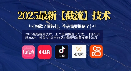 2025最新截流技术，工作室实操迭代打法，日轻松引粉300+，抖音+小红书+B站+视频号流量实操全流程-网创星球