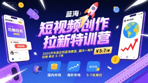 短视频创作拉新特训营，2025开年真正的蓝海赛道，国内+海外，拉新单价5-7米-网创星球