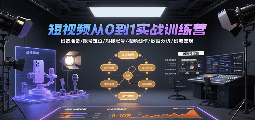 短视频从0到1实战训练营：设备准备/账号定位/对标账号/视频创作/数据分析/投流变现-网创星球