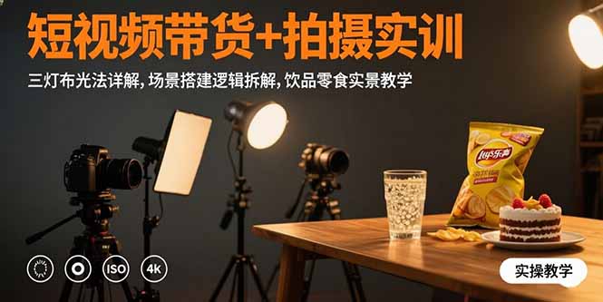 短视频带货+拍摄实训：三灯布光法详解,场景搭建逻辑拆解,饮品零食实景教学-网创星球
