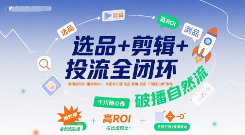 选品+剪辑+投流全闭环，破播自然流+撬动高ROI，手把手打通“选品-剪辑-测品-千川随心推”全链-网创星球