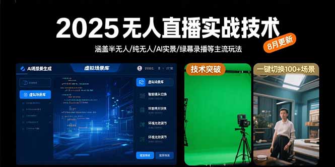 2025无人直播实战技术-8月，涵盖半无人/纯无人/AI实景/绿幕录播等主流玩法-网创星球
