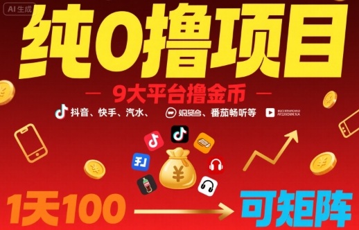 纯0撸项目，9大平台撸金币，抖音，快手，汽水，番茄畅听等，1天100，可矩阵-网创星球
