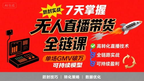 无人直播带货全链防封实战课，7天掌握高转化直播技术，实现单场GMV破万可持续模型-网创星球