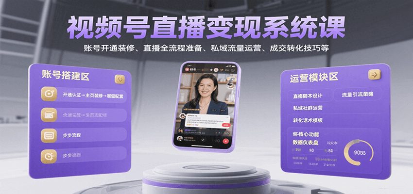 视频号直播变现系统课，账号开通装修、直播全流程准备、私域流量运营、成交转化技巧等-网创星球