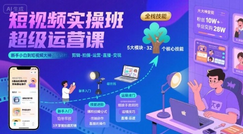 短视频实操班超级运营课，新手小白到短视频大神必修课程，剪辑-拍摄-运营-直播-变现-网创星球