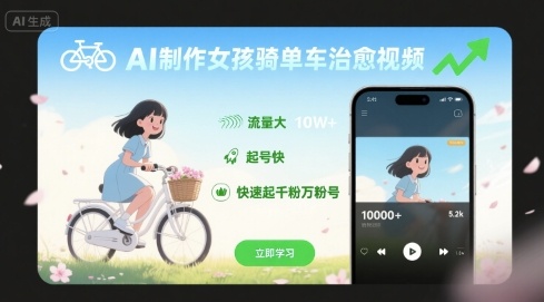 AI制作女孩骑单车治愈视频，流量大，起号快，快速起千粉万粉号-网创星球