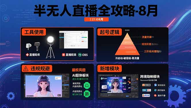 半无人直播全攻略-8月：工具使用+起号逻辑+违规规避,新增AI超体与跨境模块-网创星球