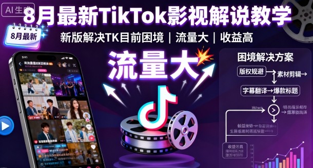 8月最新TikTok影视解说教学,新版解决TK目前困境,流量大,收益高-网创星球