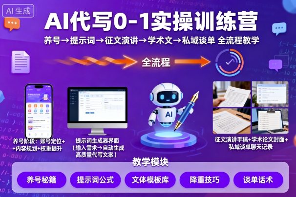 AI代写0-1实操训练营,从养号、提示词、征文演讲、学术文,到私域谈单的全流程教学-网创星球