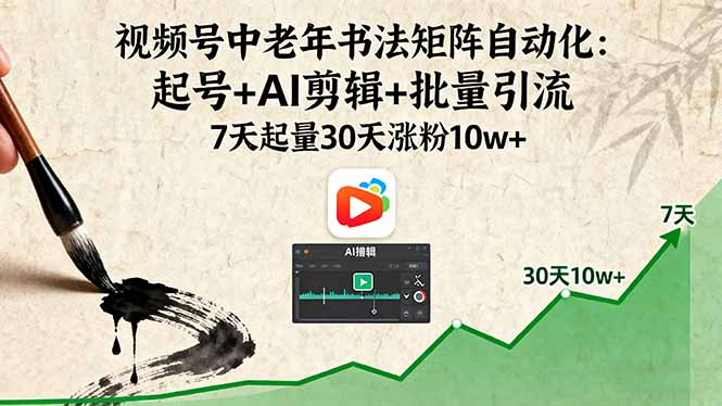 视频号中老年书法矩阵自动化：起号+AI剪辑+批量引流 7天起量30天涨粉10w+-网创星球