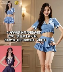 AI海军装美女跳舞视频制作教学，快速涨千粉万粉，视频教程+提示词(绘图词、动作词)-网创星球