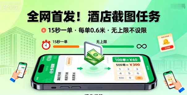 全网首发!酒店截图任务,15秒一单,每单0.6米,任务无上限不设限,矩阵操作单日3张到手【揭秘】-网创星球