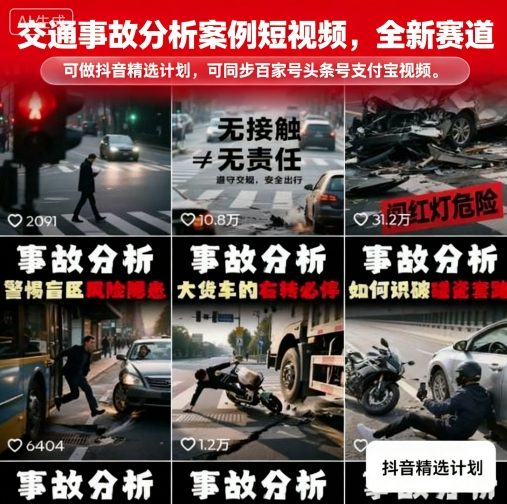 交通事故分析案例短视频，全新赛道，可做抖音精选计划，可同步百家号头条号支付宝视频号平台-网创星球