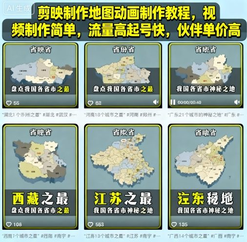 剪映制作地图动画制作教程,视频制作简单,流量高起号快,伙伴单价高-网创星球