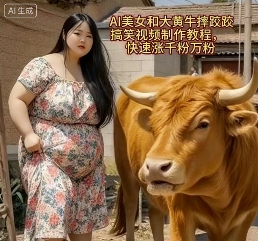 AI美女和大黄牛摔跤搞笑荒诞视频制作教程,快速涨千粉万粉-网创星球