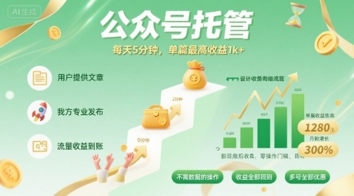 【公众号托管 】我提供文章，你发布，每天5分钟，单篇最高收益1k+【揭秘】-网创星球