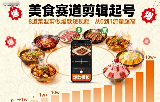 美食赛道剪辑起号，8道菜混剪做爆款短视频，从0到1，流量超高-网创星球