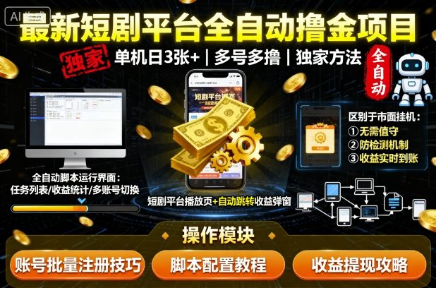 最新短剧平台全自动挂G撸金项目，单机一天3张+，多号多撸，区别于市面所有挂机项目，独家方法【揭秘】-网创星球