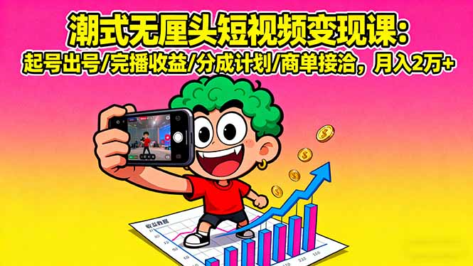 潮式无厘头短视频变现课：起号出号/完播收益/分成计划/商单接洽，月入2万+-网创星球