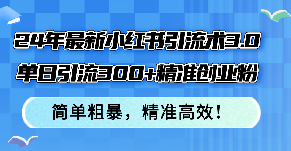 24年最新小红书引流术3.0，单日引流300+精准创业粉，简单粗暴，精准高效！-网创星球