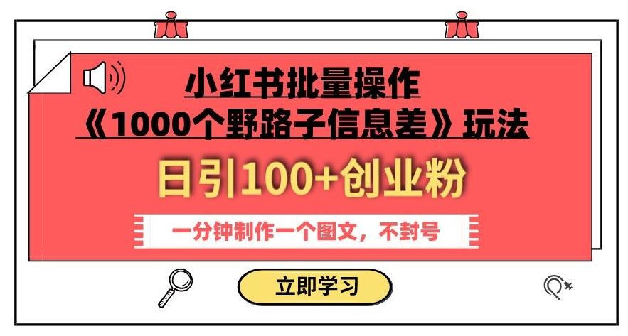 小红书批量操作《1000个野路子信息差》玩法，一分钟制作一个图文，不封号，日引100+创业粉-网创星球