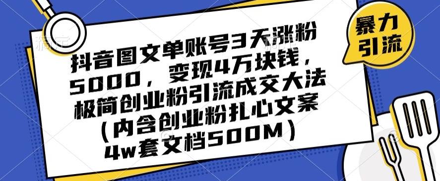 抖音图文单账号3天涨粉5000，变现4万块钱，极简创业粉引流成交大法-网创星球