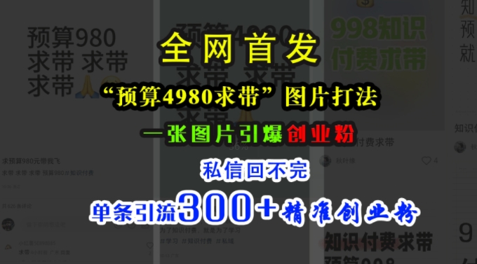 小红书“预算4980带我飞”图片打法，一张图片引爆创业粉，私信回不完，单条引流300+精准创业粉-网创星球