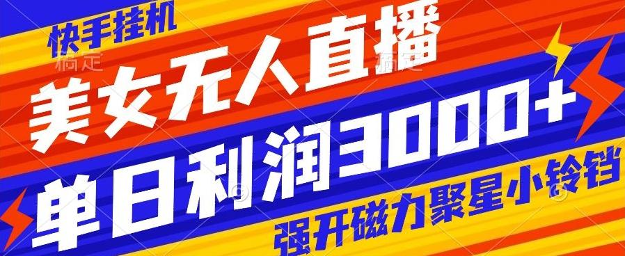 快手挂机，美女无人直播，强开磁力聚星小铃铛，日入3000+-网创星球